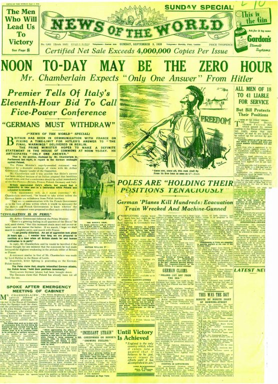 News of the World 3.9.1939 front page