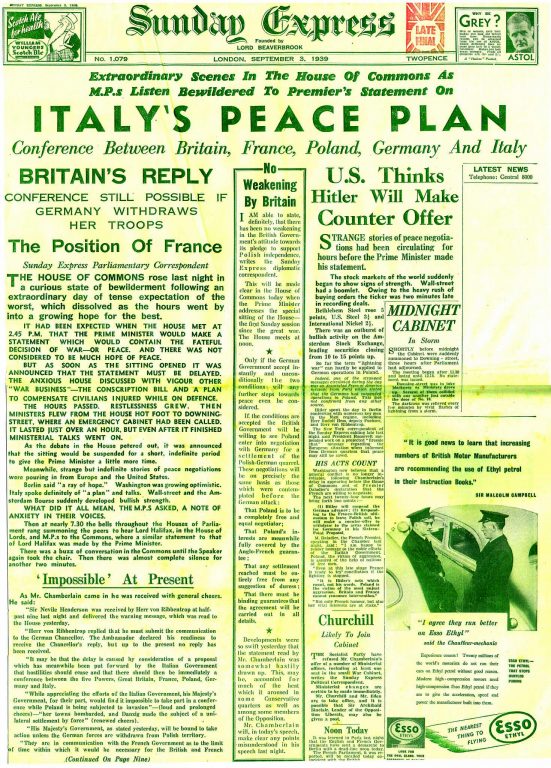 Sunday Express 3.9.1939- front page