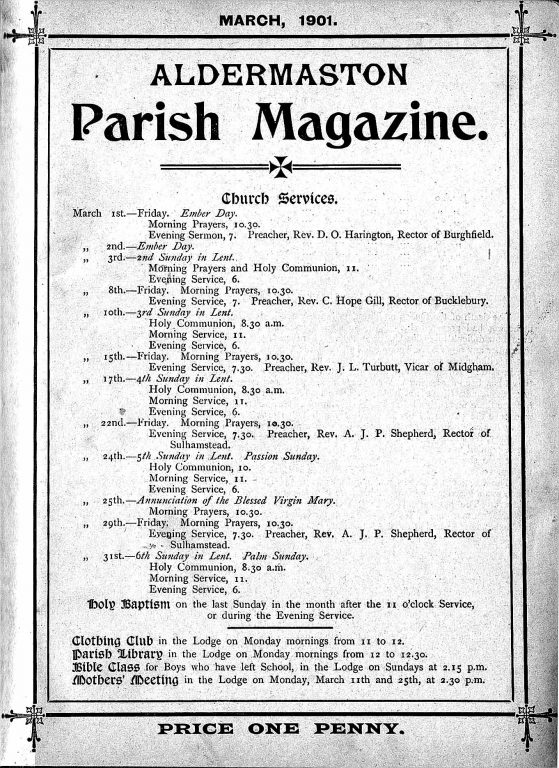 Aldermaston Parish Magazine, March 1901 front cover